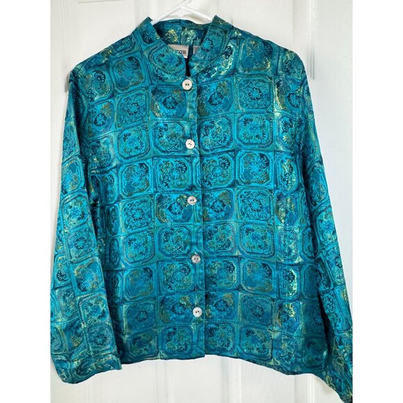 Chicos Turquoise & Gold Button-Up Silk Blend Jacket - Size 1 or U.S. 8 Asian Ins - Picture 6 of 7